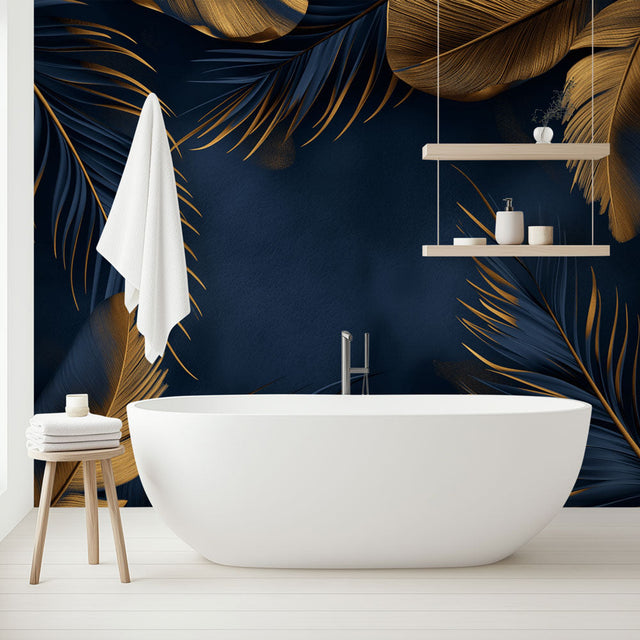 Navy and gold feather wallpaper mural creating an elegant atmosphere in a modern living room with tall windows