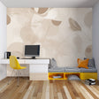 Modern beige feather wallpaper creating a calm atmosphere in a bright living room setting