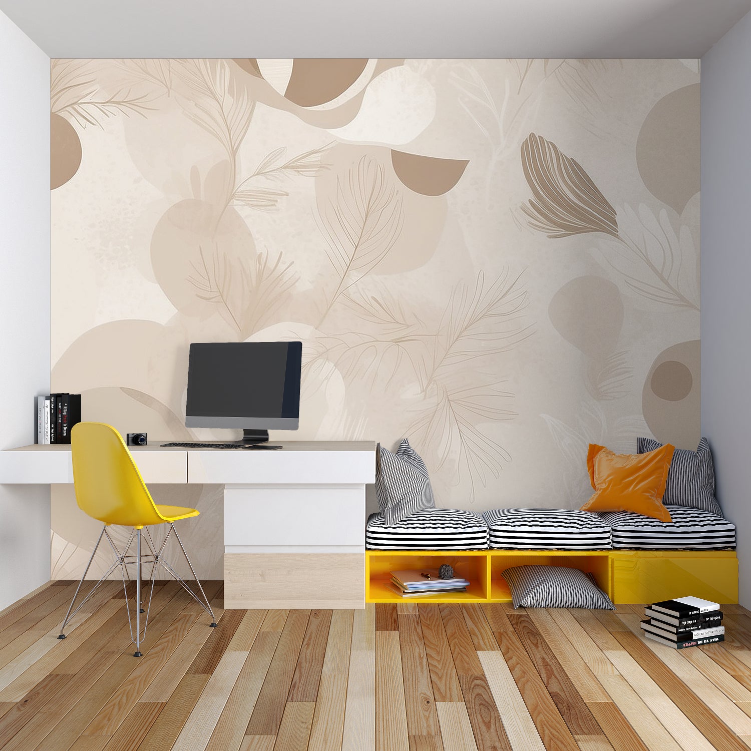 Modern beige feather wallpaper creating a calm atmosphere in a bright living room setting