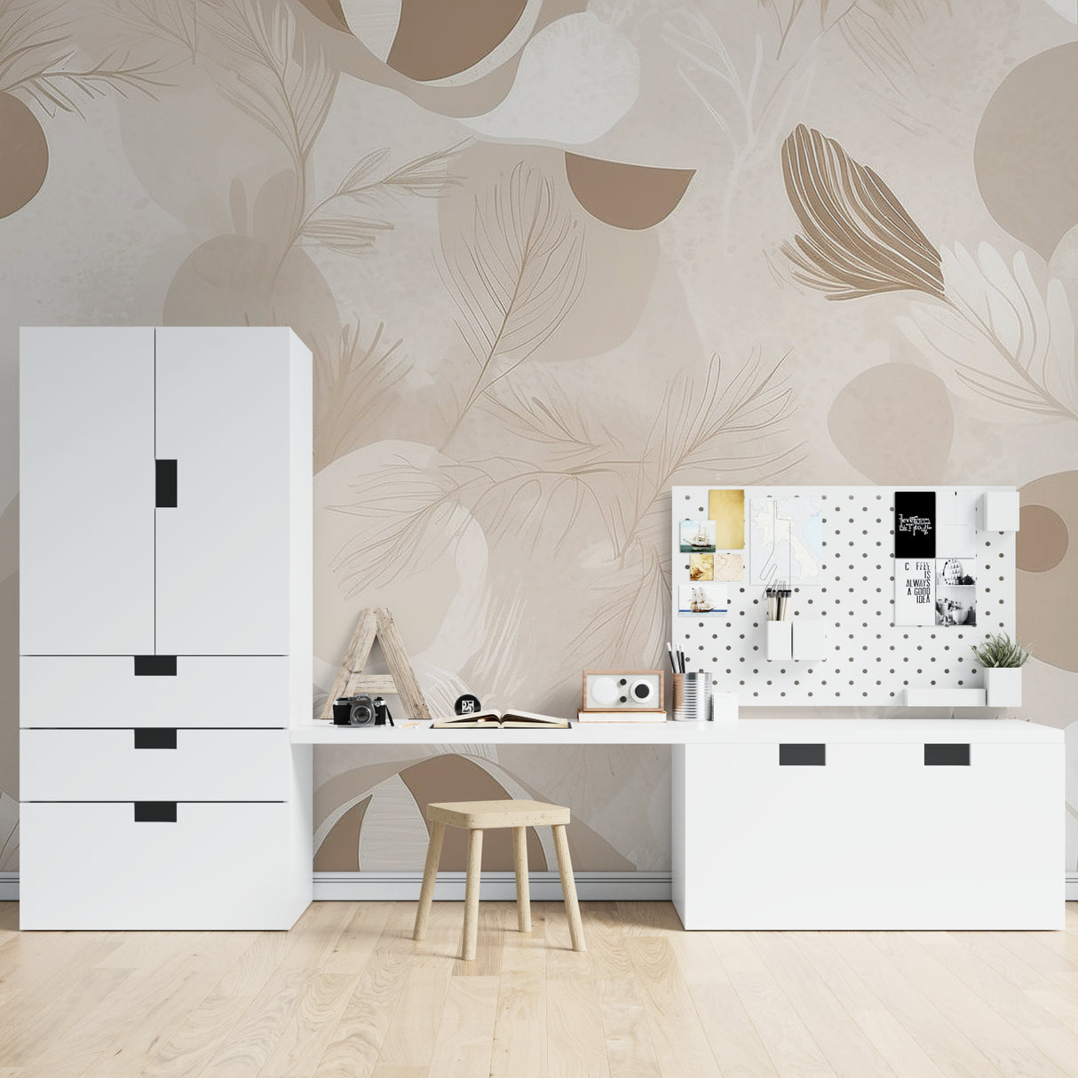 Abstract feather wall mural bringing style to a minimalist bedroom space