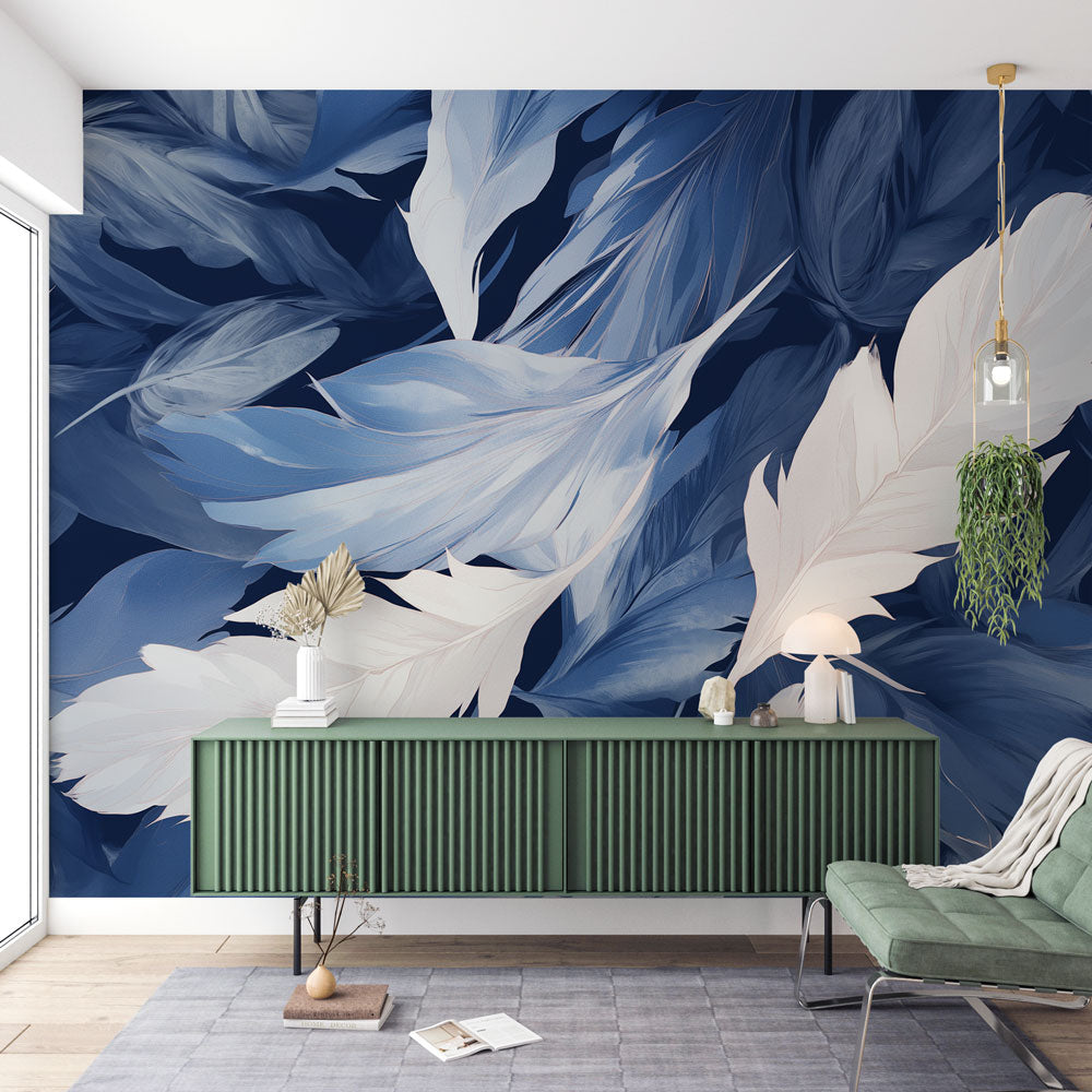 Modern blue feather wallpaper mural styled in a bright master bedroom with minimal furniture and natural light