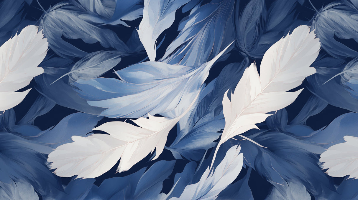 Blue and white feather pattern design file showing detailed plume artwork on navy background