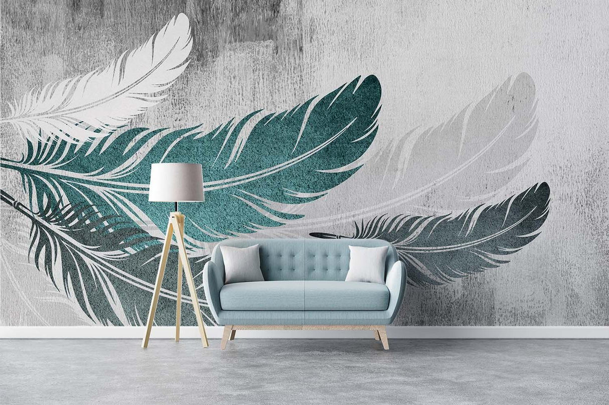 Modern feather wallpaper in teal and grey tones creating a calm atmosphere in a minimalist living room
