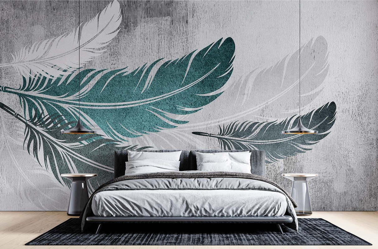 Teal feather wall mural bringing natural elements to a contemporary bedroom space