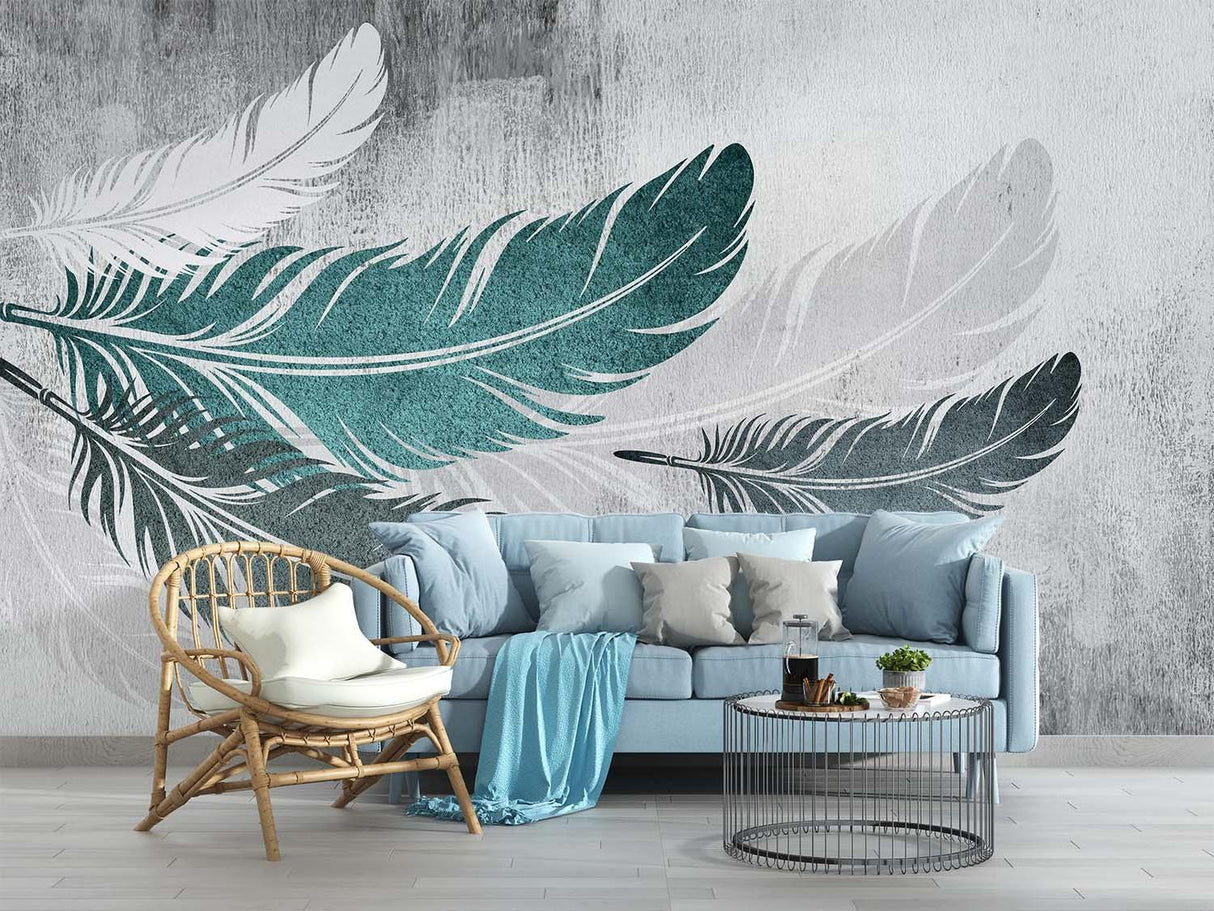 Floating feather wallpaper design showcased in a modern home office setting