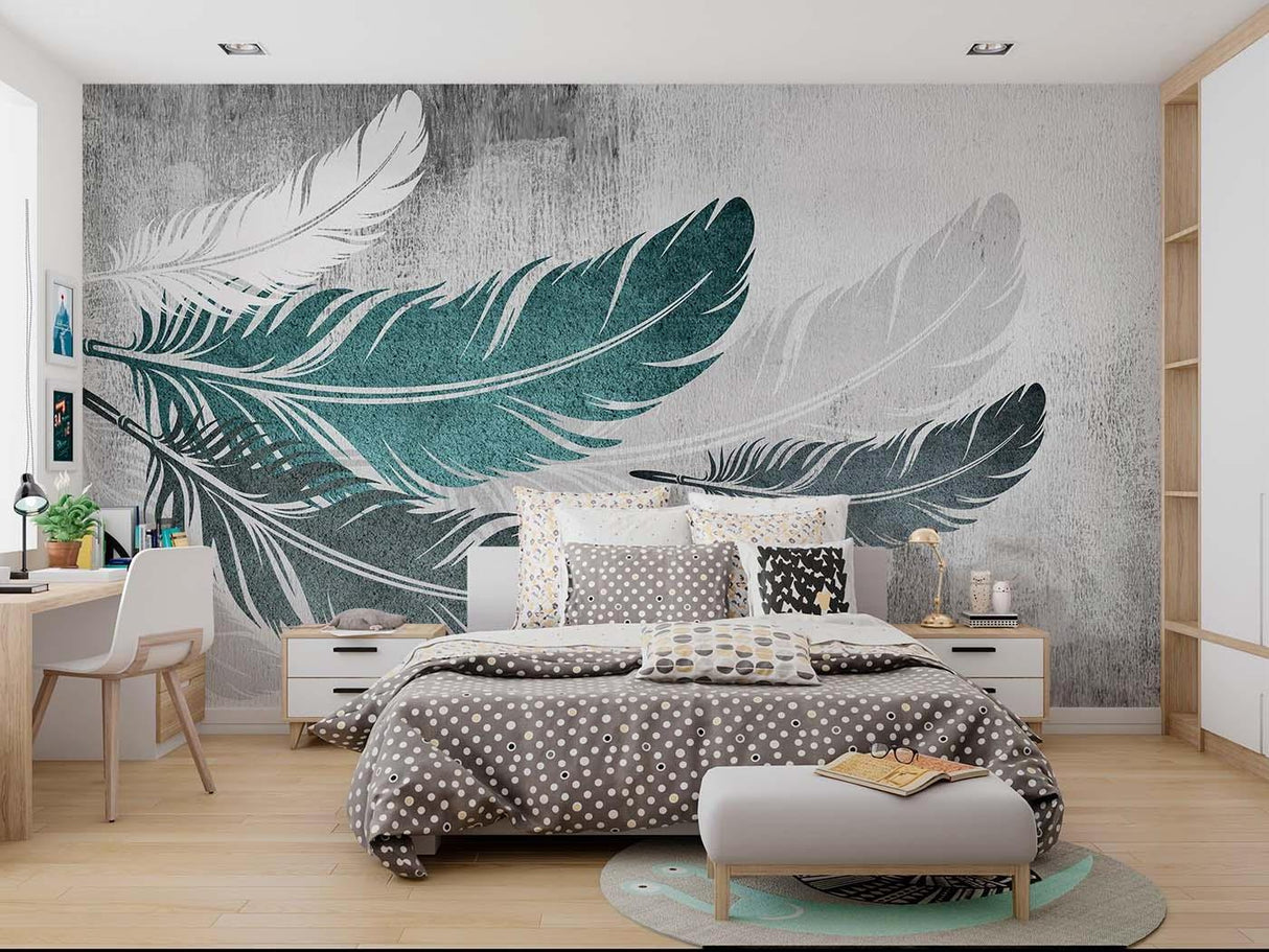 Grey and teal feather mural creating depth in a Scandinavian dining room
