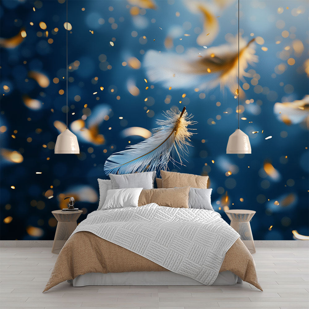 Feather wall mural in a modern bedroom, blue and gold design creating a peaceful sleeping space with soft lighting