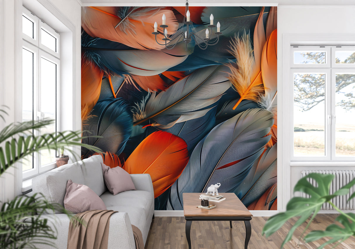 Modern Feather Wallpaper creating a bold statement wall in contemporary living room with orange sofa
