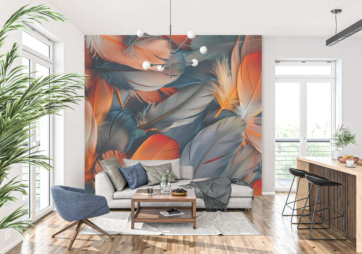 Orange and Blue Feather Mural adding depth to minimal bedroom design