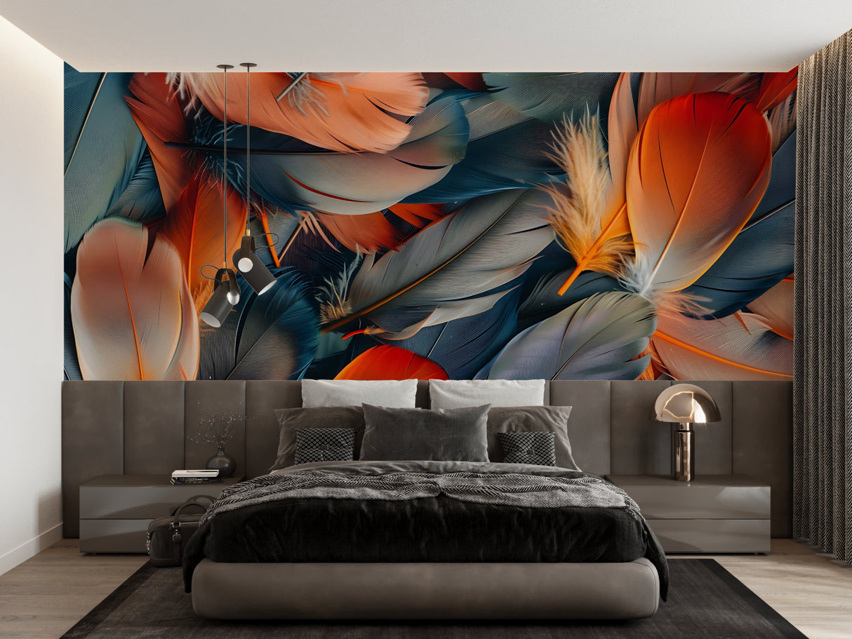 Feather Wall Mural bringing color and movement to modern home office space