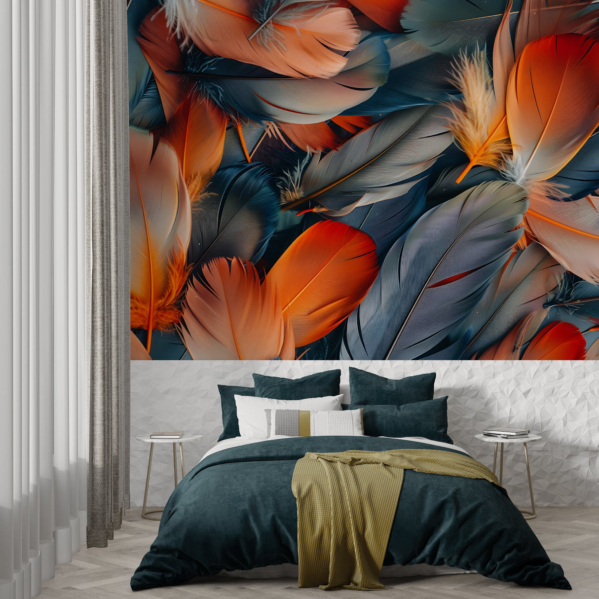 Orange and Blue Feather Wallpaper making statement in boutique hotel lobby