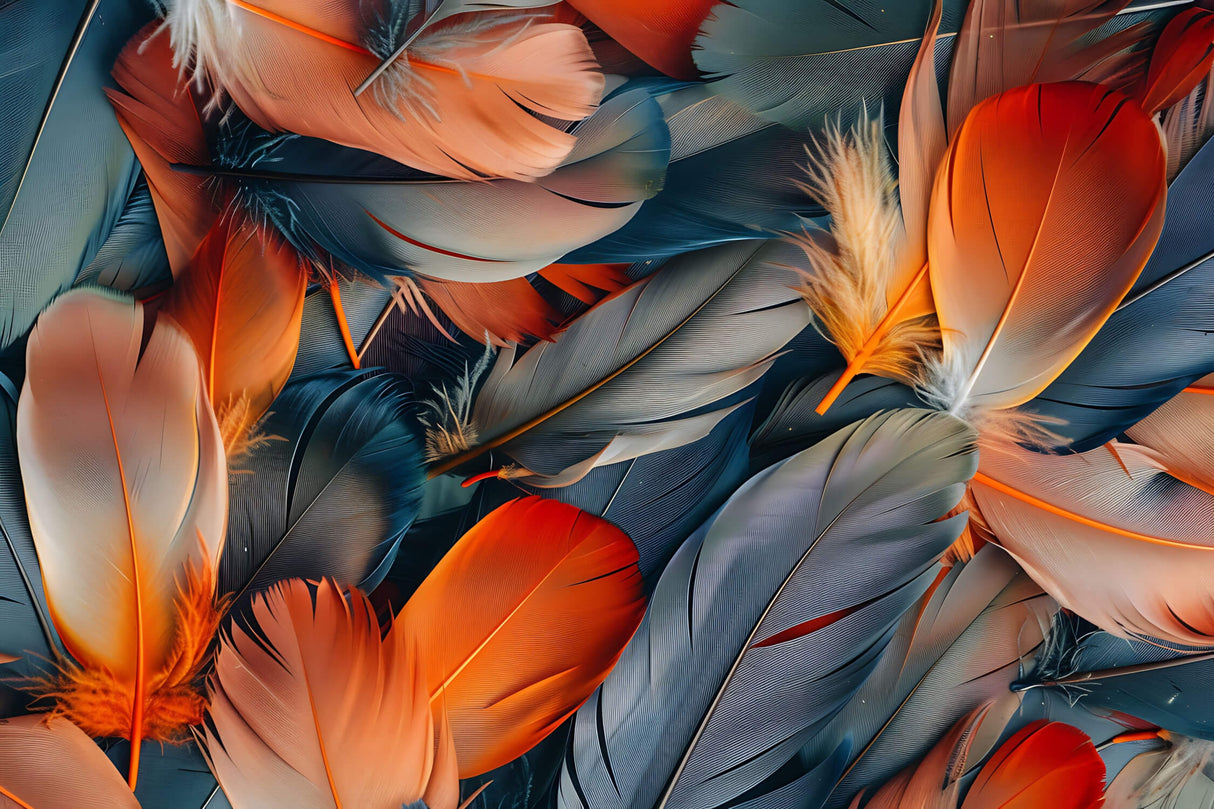 Design file showing detailed orange and blue feather pattern on white background