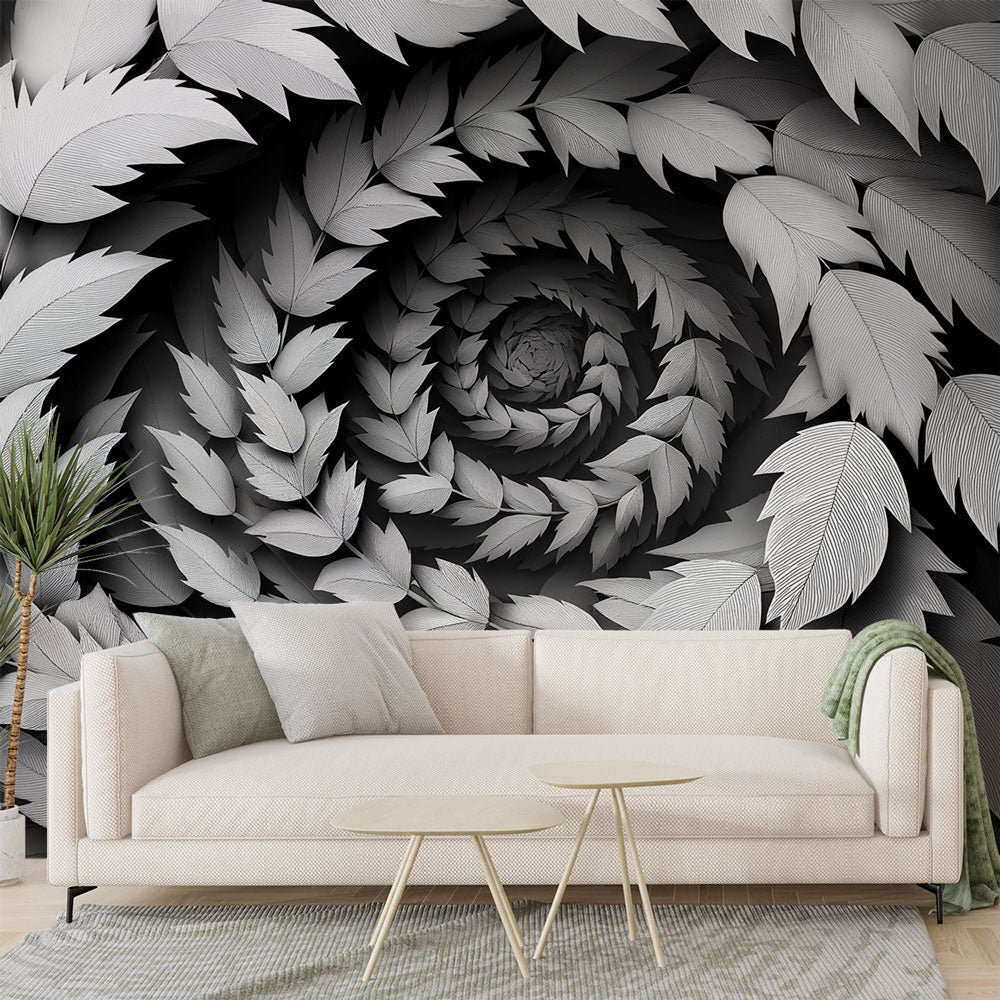 Black and white spiral feather wallpaper creating depth in a modern living room with minimal furniture