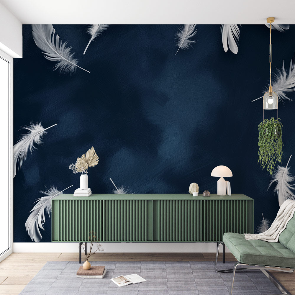 White feather wallpaper mural creating an airy feel in a modern living room with grey sofa and natural light