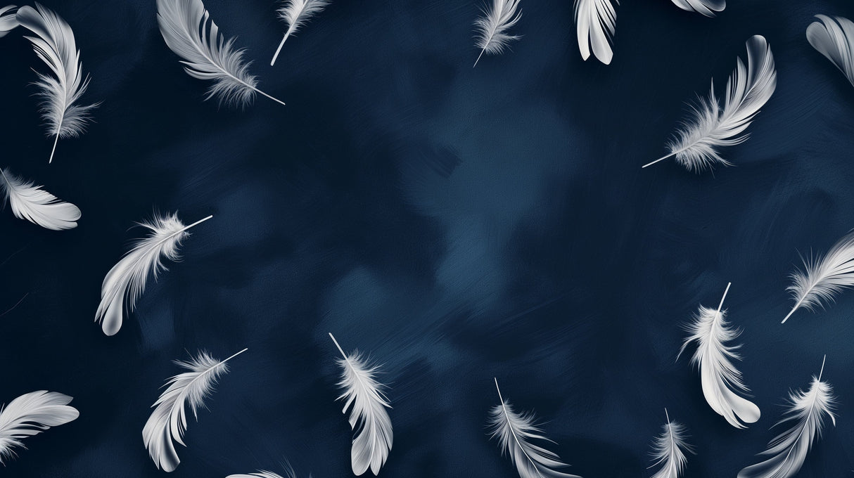 Feather wallpaper design file showing detailed white plumes on navy background pattern