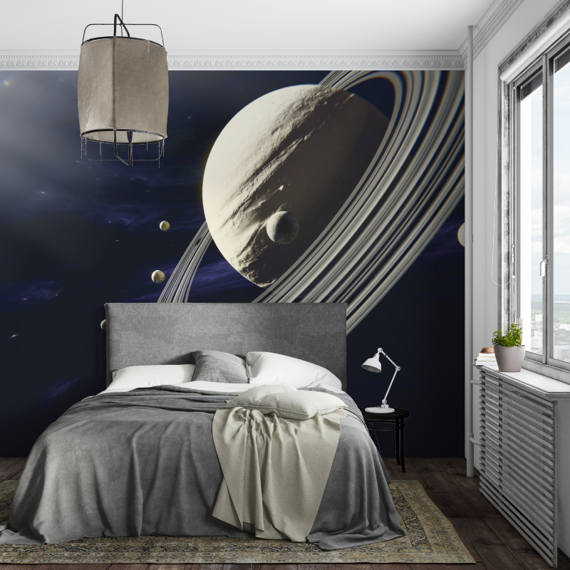 Space Mural Wallpaper | Saturn and Moons in Dark Universe