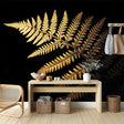 Golden Fern Botanical Wallpaper creating dramatic contrast in modern dining room with soft lighting