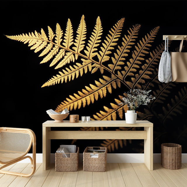Golden Fern Botanical Wallpaper creating dramatic contrast in modern dining room with soft lighting