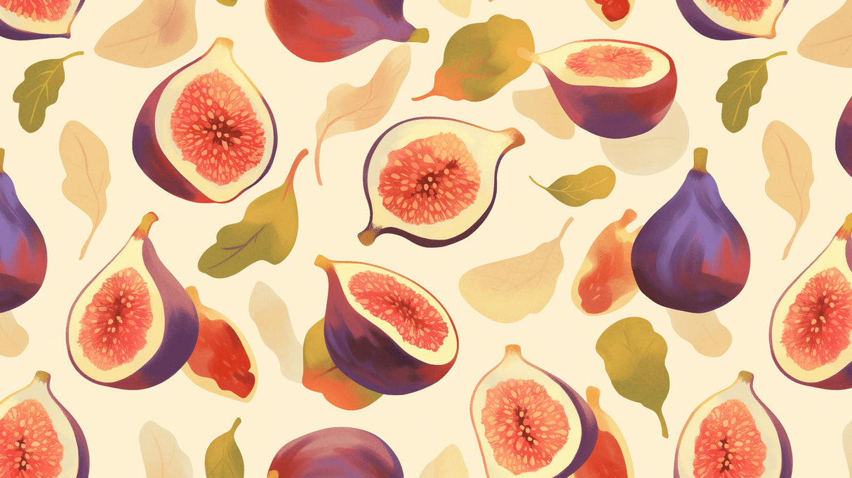 Fig pattern wallpaper creating a cozy Mediterranean feel in a bright, modern kitchen with natural light streaming through windows