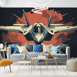 Modern Fighter Jet Wall Mural creating dramatic impact in contemporary living room with terracotta accents
