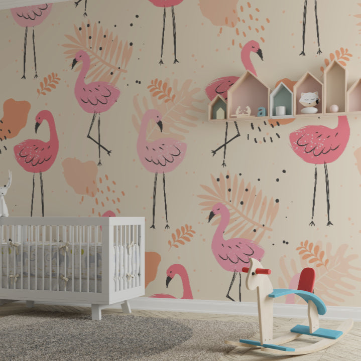 Pink Flamingo wallpaper bringing life to a bright nursery with white furniture