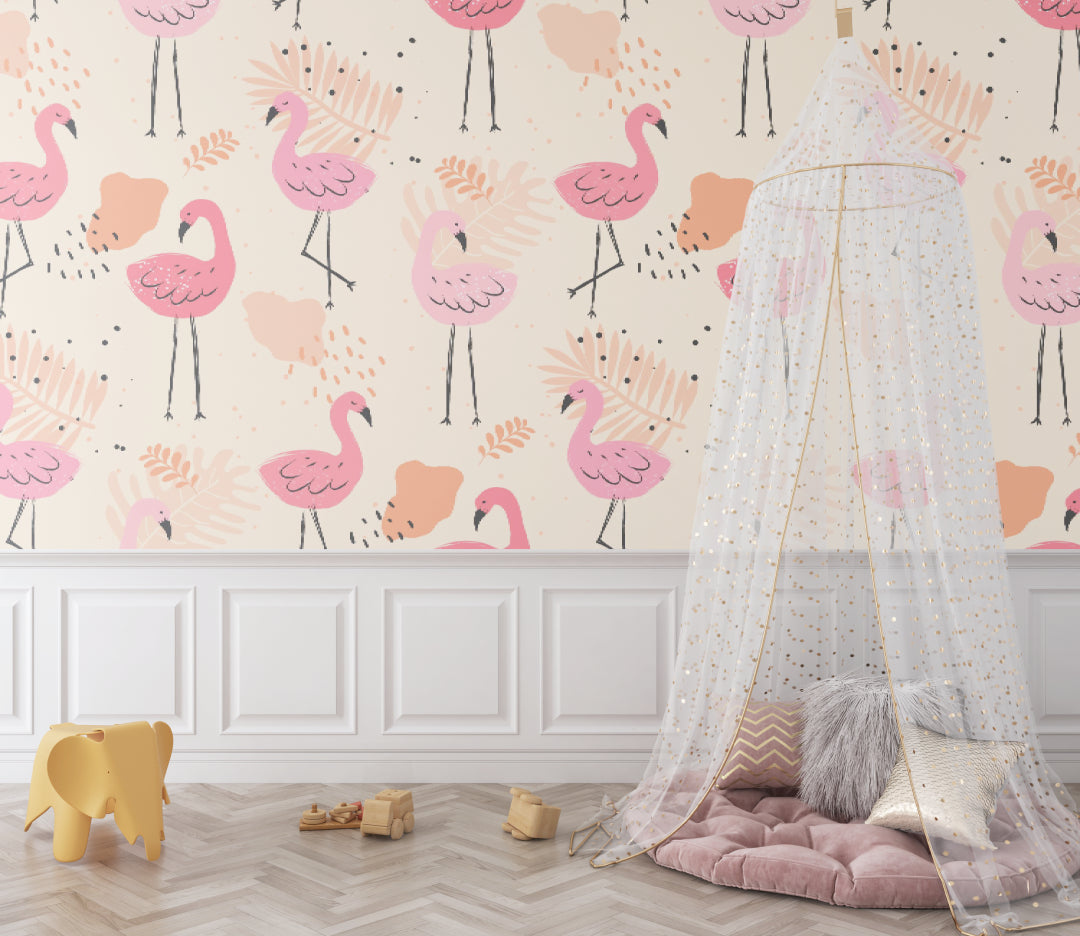 Tropical flamingo mural creating a dreamy atmosphere in a girl's bedroom