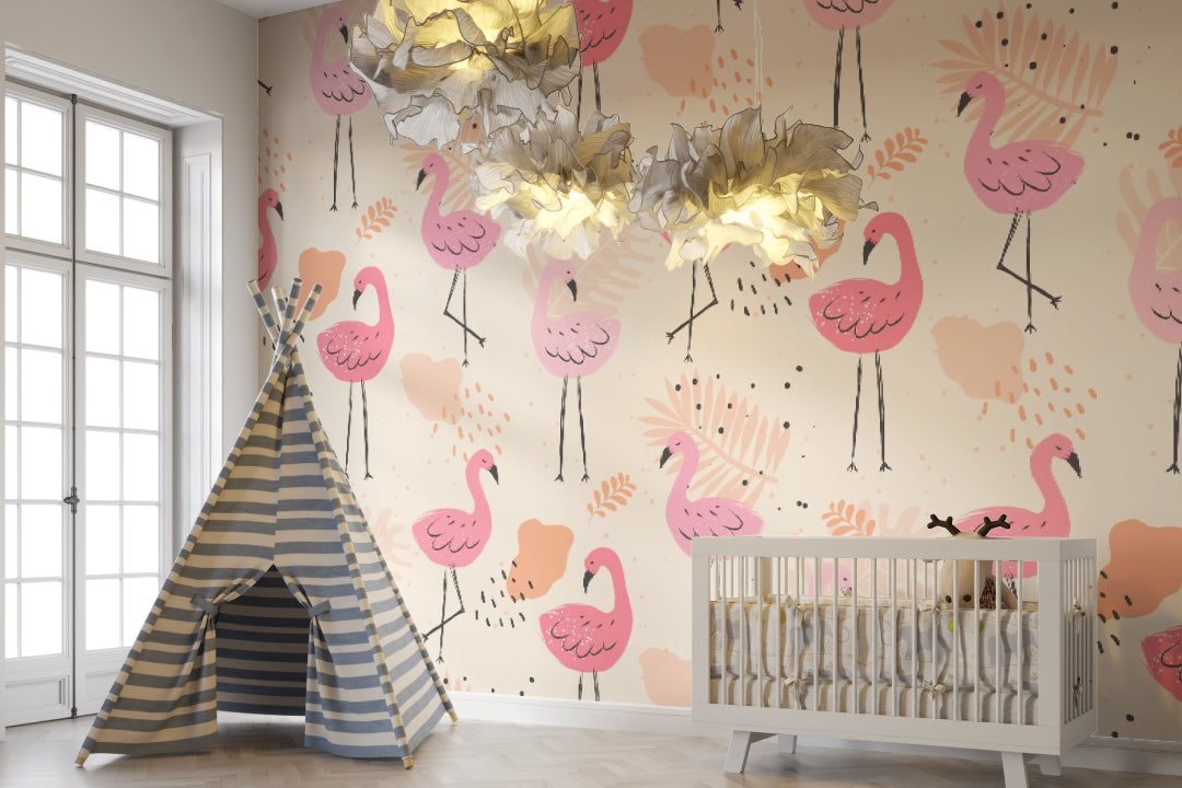 Flamingo wall mural adding charm to a modern playroom setting