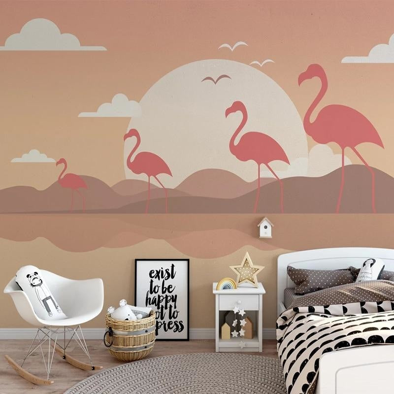 Flamingo wallpaper mural creating a peaceful atmosphere in a modern living room with minimal furniture