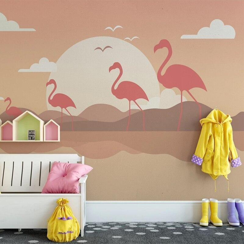 Pink flamingo wall mural adding warmth to a master bedroom with soft evening lighting