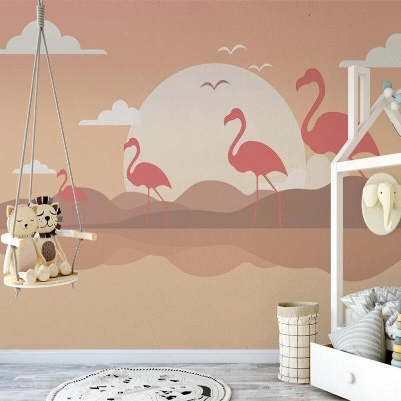 Sunset flamingo wallpaper brightening up a nursery with natural daylight streaming in