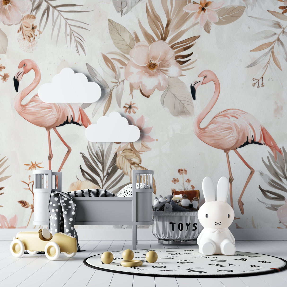 Pink Flamingo Wallpaper creating a soft, dreamy atmosphere in a modern nursery with white furniture