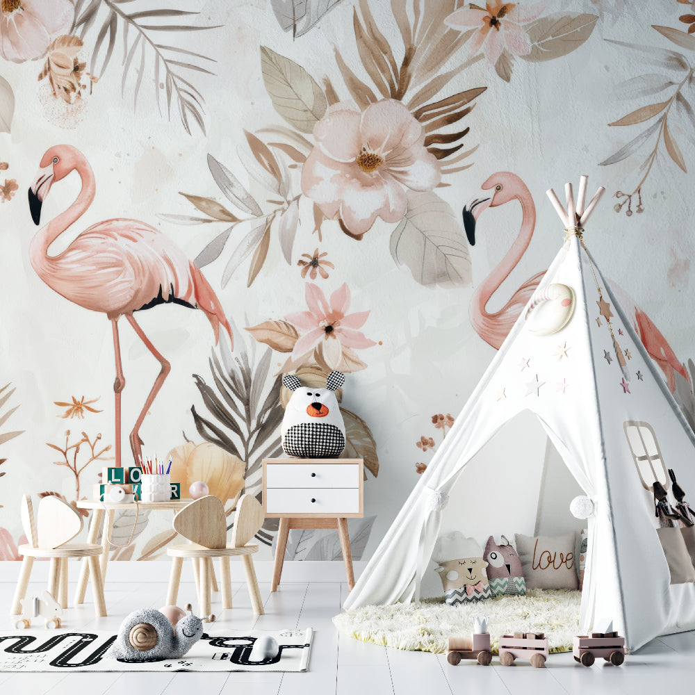 Tropical Flamingo Wall Mural brightening up a girl's bedroom with natural light