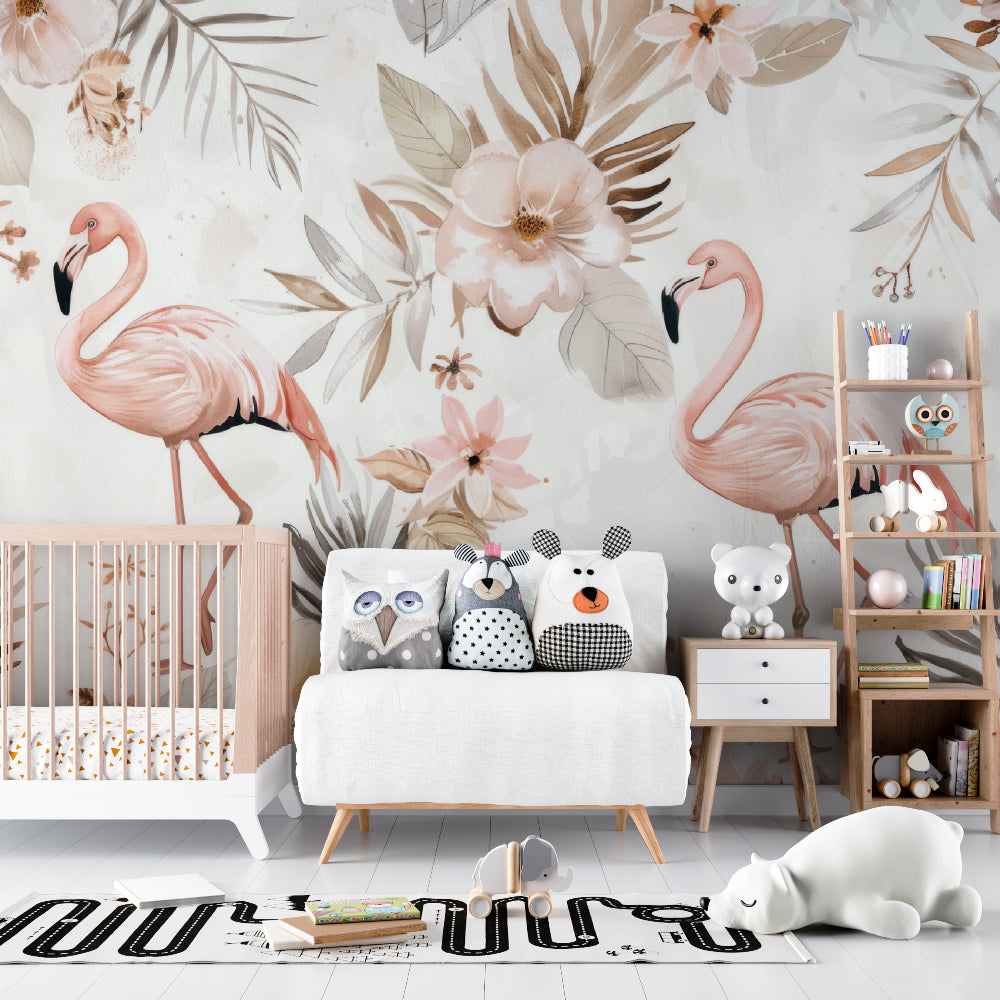 Pink Flamingo Mural making a statement in a bright living room setting