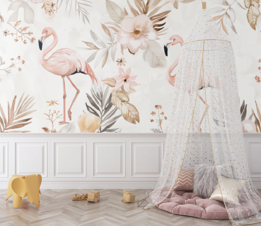 Tropical Flamingo Wallpaper adding charm to a baby's room with pink accents