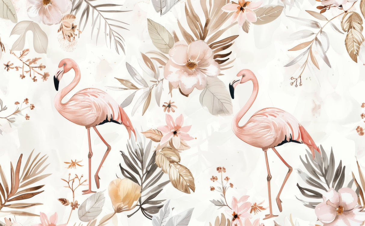 Tropical Flamingo Wallpaper design file showing detailed pink flamingos and watercolor florals