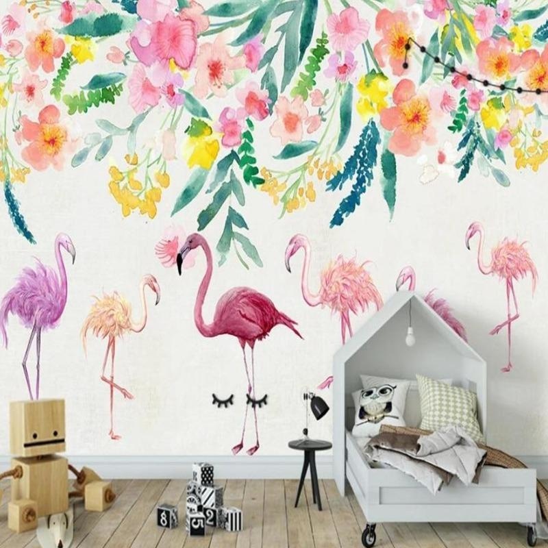 Flamingo wall mural creating a bright focal point in a modern living room with white furniture and natural light