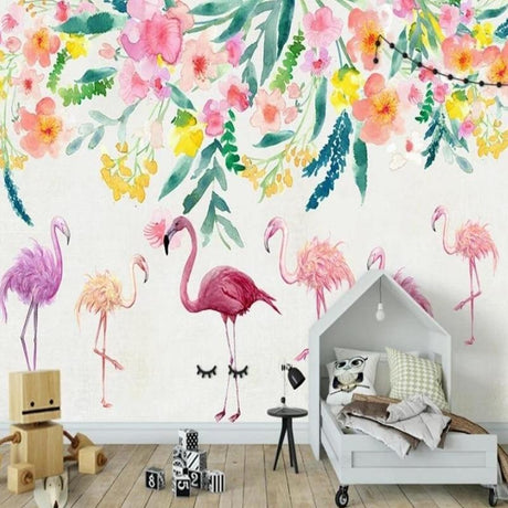 Flamingo wall mural creating a bright focal point in a modern living room with white furniture and natural light