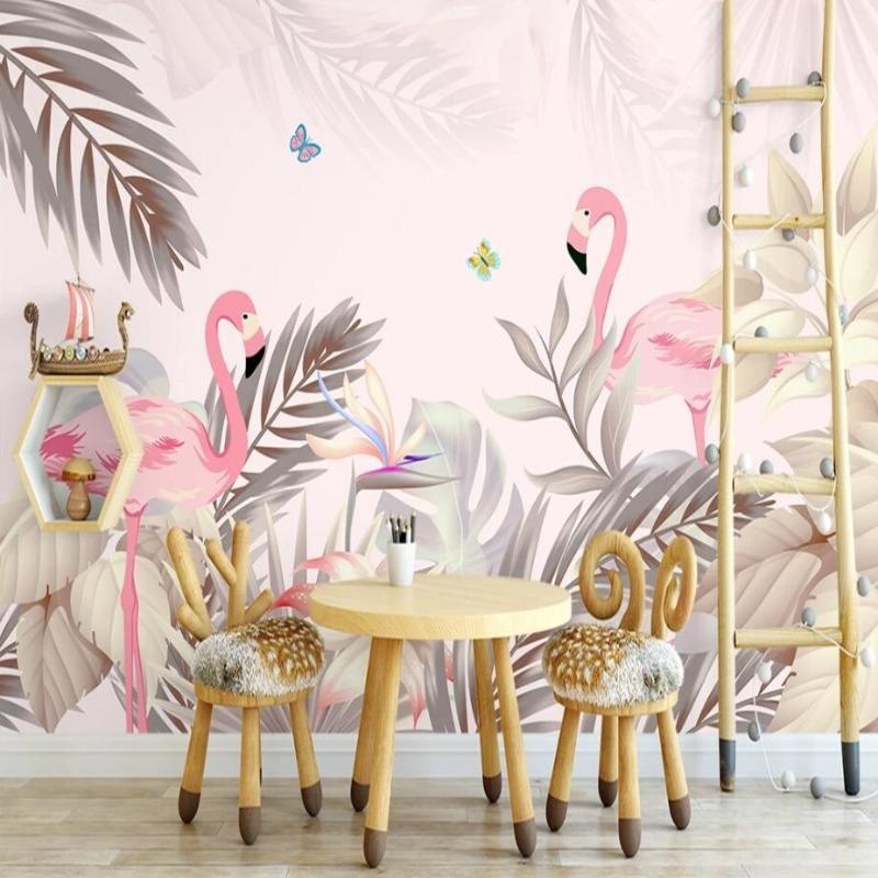 Pink Flamingo wallpaper in bright nursery with white furniture showing gentle tropical theme