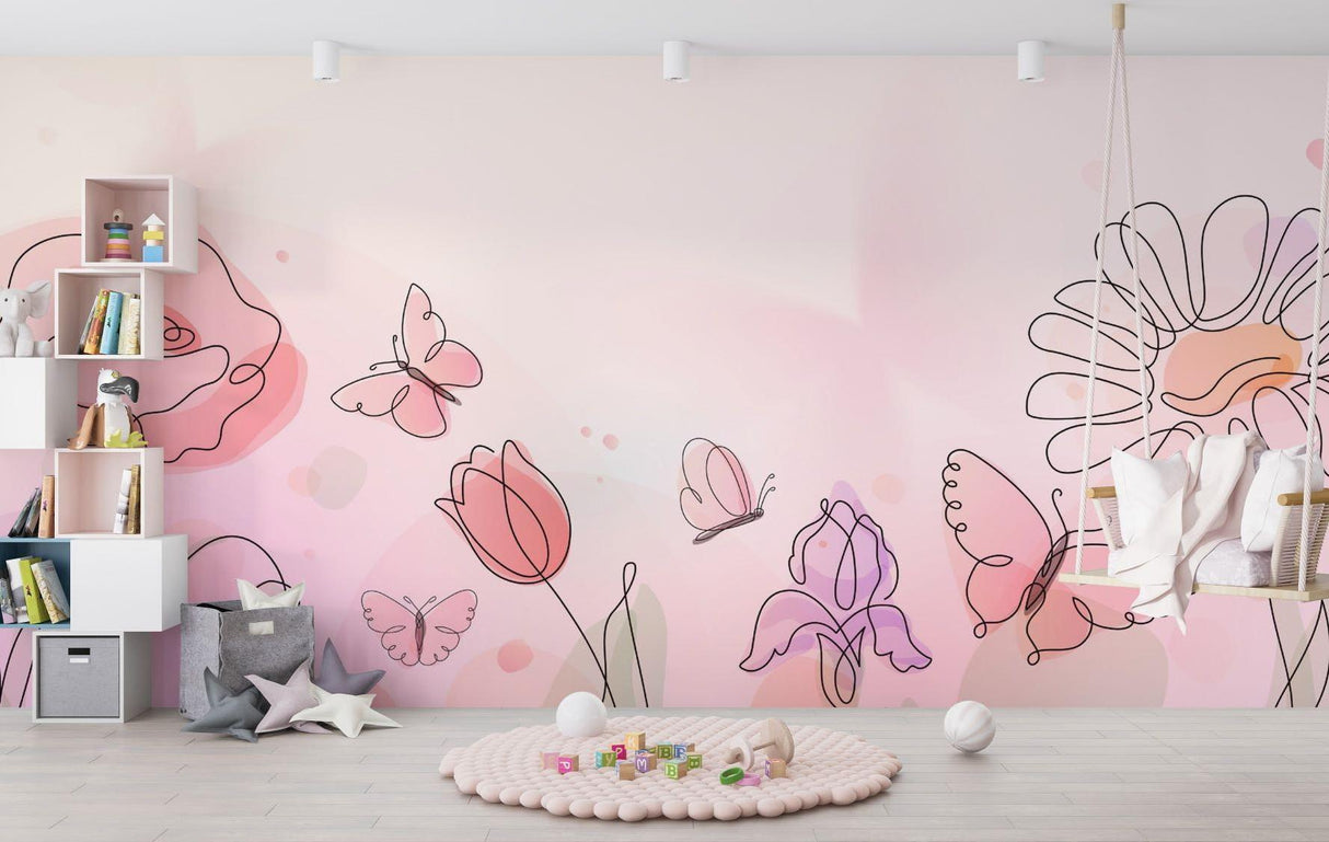 Pink floral line art wallpaper with butterflies creating a peaceful atmosphere in a modern nursery