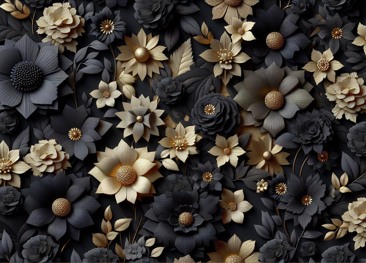 3D black and gold floral wallpaper design file showing detailed bloom pattern and metallic accents