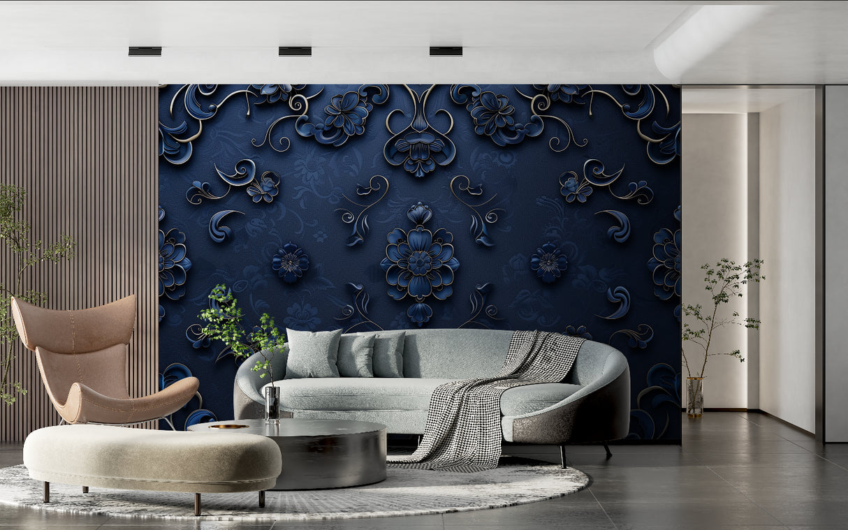 Blue and gold damask wallpaper in modern living room with natural light highlighting 3D pattern