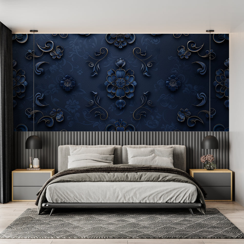 Luxury blue damask wall mural in dining room with crystal chandelier