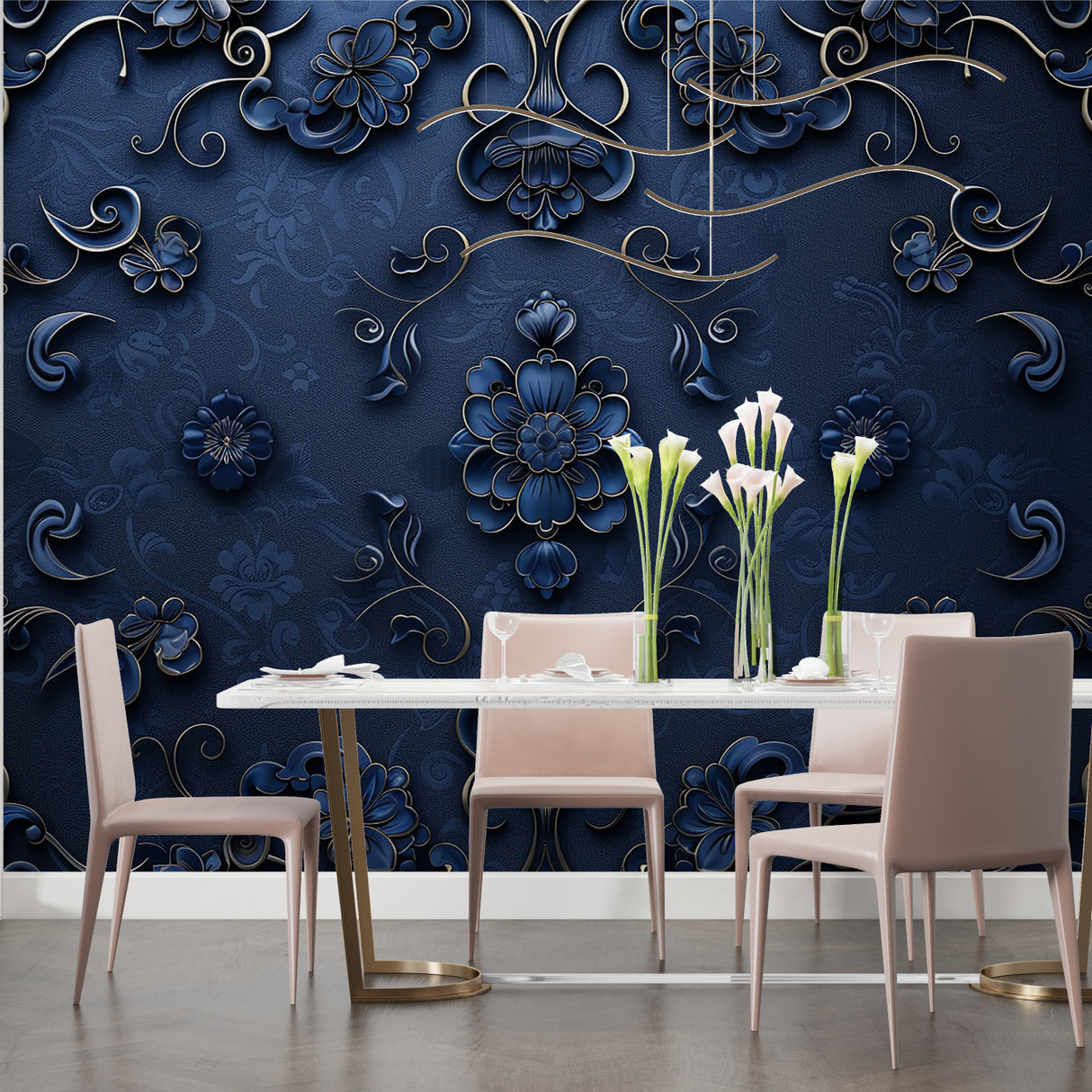Detailed view of 3D damask pattern wallpaper in home office setting