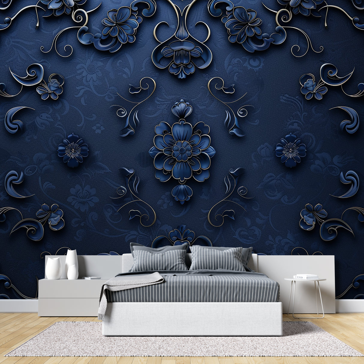 Blue and gold floral wallpaper in entrance hall with modern furniture