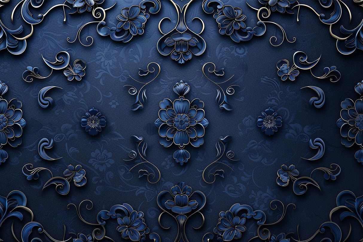 Design file showing intricate blue and gold damask pattern with 3D floral details