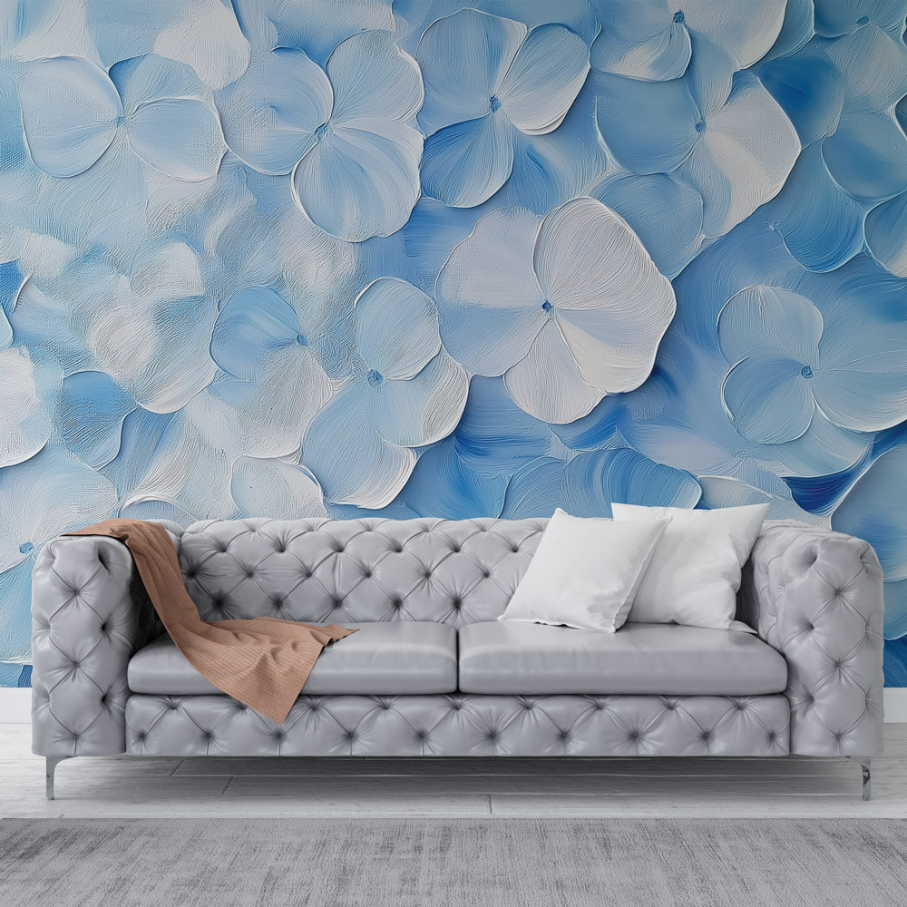 3D Blue Floral Wallpaper creating depth in a modern living room with natural light highlighting the textured petals