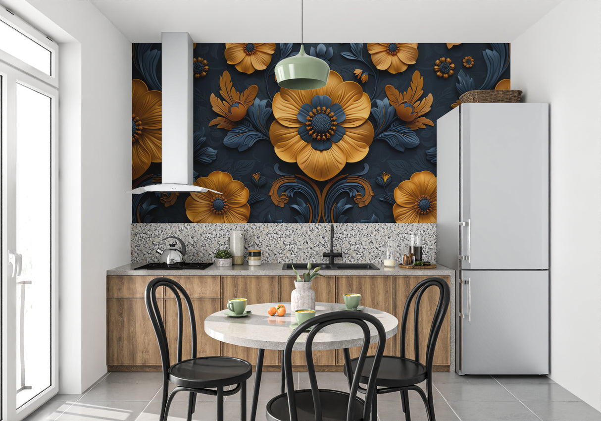 3D floral wallpaper with orange blooms in modern dining room showing dramatic contrast against navy walls