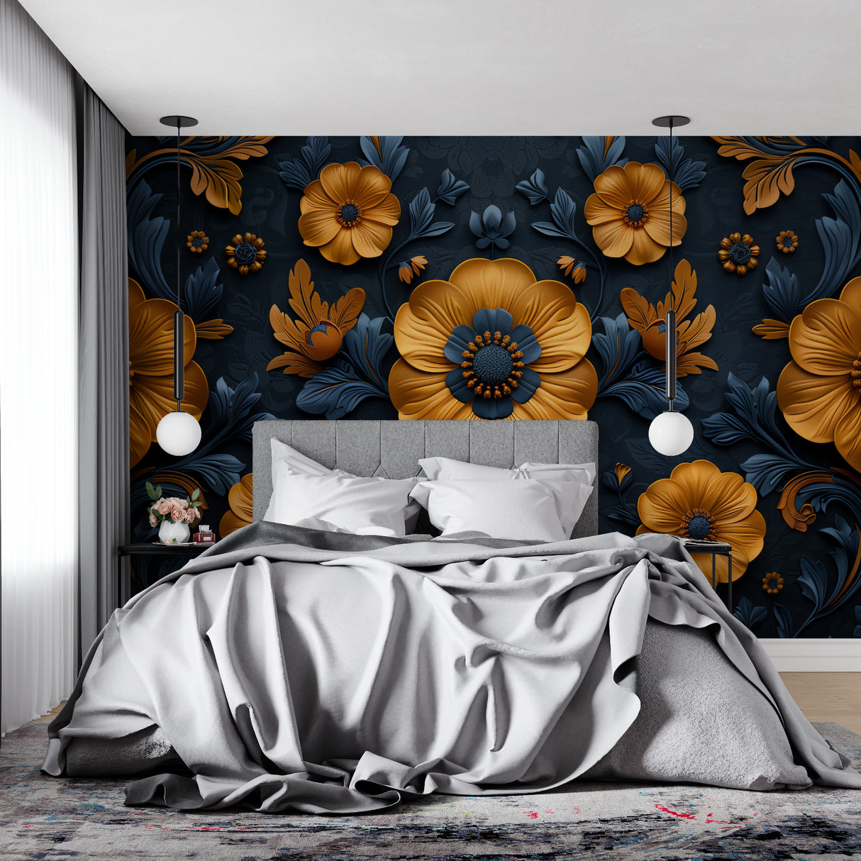 Bold orange and navy floral mural creating focal point in master bedroom