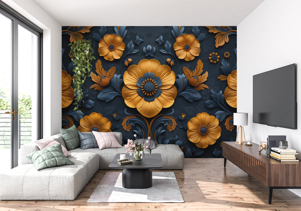 3D flower wall mural bringing depth to living room with orange and navy color scheme