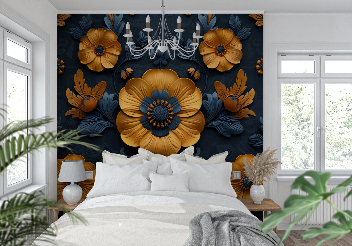 Large-scale floral wallpaper transforming home office with orange blooms on navy background